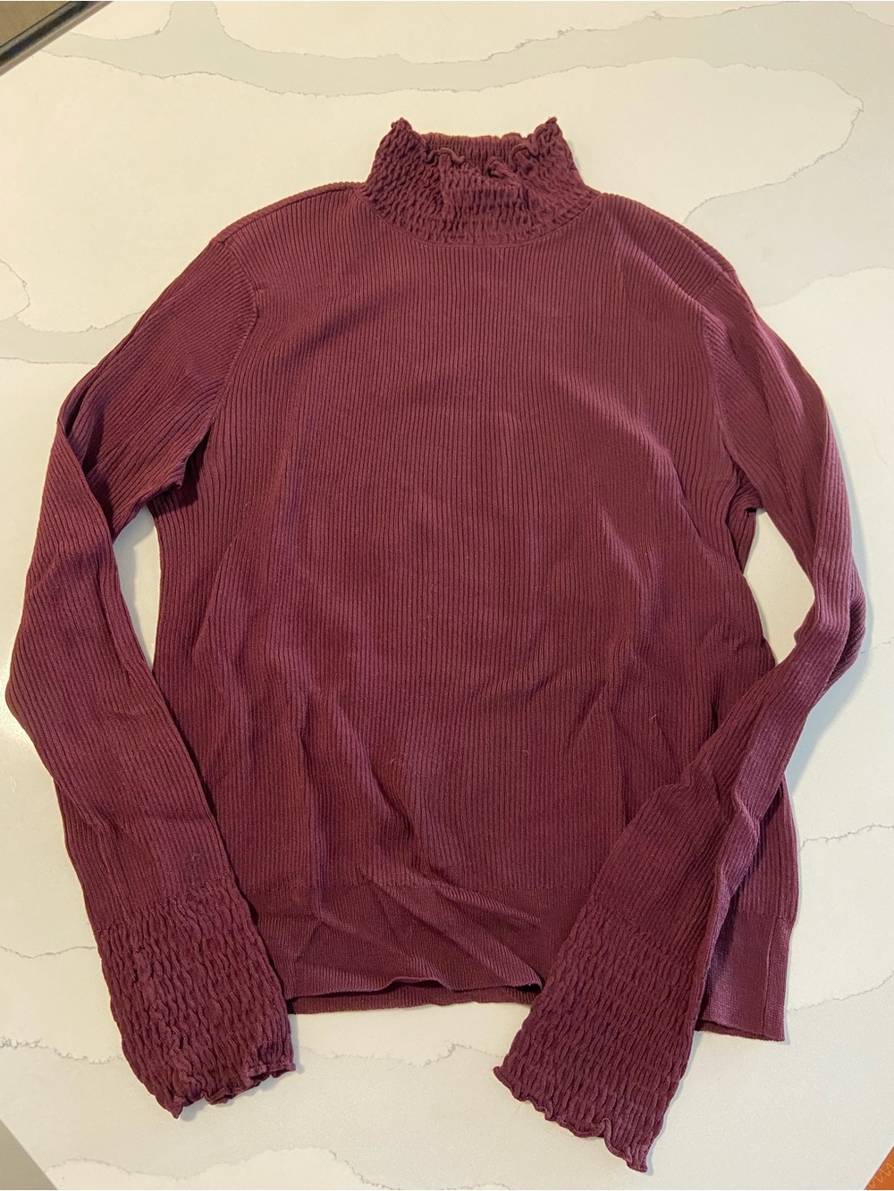 Zara Knit Smocked Neck Ribbed Long-Sleeve Top- Maroon